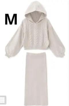 フード付き ケーブルニット ロングワンピース M セットアップ ホワイト 白