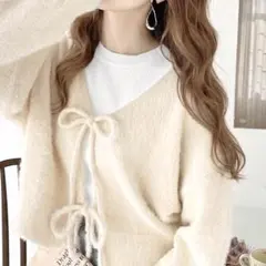 【mily bilet】女性らしさ滲み出るシャギーリボン前後2WAYカーディガン