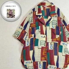 レディース　薄手　半袖　総柄　レトロ　ポリシャツ　昭和　オープンカラー　古着