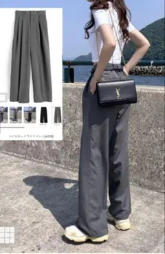 グレー ワイドパンツ プリーツ入り ツイルタック