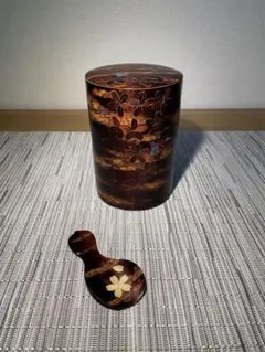 141 茶筒 桜皮細工 藤木伝四郎　茶筒・茶さじセット