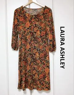 LAURA ASHLEY 花柄 七分袖 Aラインワンピース 総柄 9号