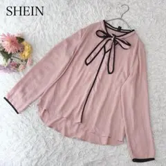 【L】シーイン　長袖ブラウス　リボン　ピンク　Vネック　無地　大人可愛い