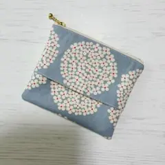 ポケットティッシュケース付きポーチ　格子柄　北欧　くすみブルー　ハンドメイド