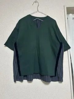 ズッカ　異素材切替 半袖カットソー グリーン×ストライプのサムネイル