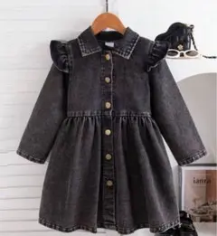 ダークグレー フリル付きデニムワンピース