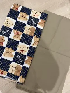 クマ柄チェック生地と無地ベージュ生地セット