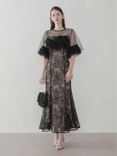 チュールフリルスリーブスパンコールフラワーマーメイドワンピース