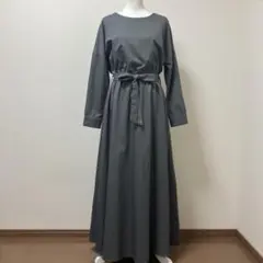 ハグユー　ロングワンピース　リボンベルト付き　グレー　ポケット　春　長袖　大人