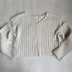 GU リブ編みVネック長袖ニット ベージュS