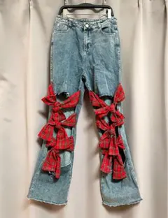 タータンチェックリボンフレアデニム y2k フェアリーグランジ