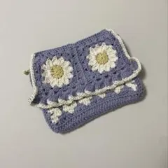 【handmade】手編み 毛糸 フラワーポーチ チャック付き