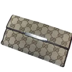 グッチ　長財布　GGキャンバス　ロゴプレート　Wホック ブラウン
