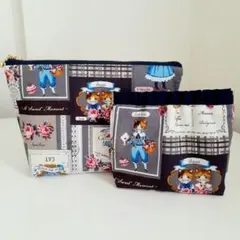 ネコ柄　ポーチ　2点セット　バネポーチ　ファスナーポーチ　ハンドメイド