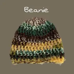 ビーニー (ブラウン×イエロー×グリーン) ユニセックス　ハンドメイド　ニット帽
