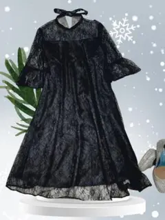 美品◆G I R L◆袖コンシャスクラシカル レースワンピースドレス◆ブラック