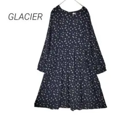 GLACIER✳️小花柄 フレアワンピース【L】長袖 濃紺 ミディ丈 春