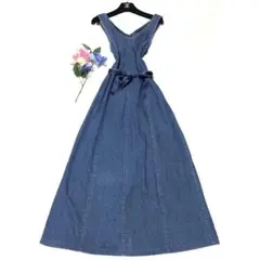 未使用級　ローラアシュレイ　ロングワンピース　デニム　リボン　マキシ丈　ブルー