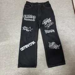 グラフィティプリント ブラックデニムパンツ L