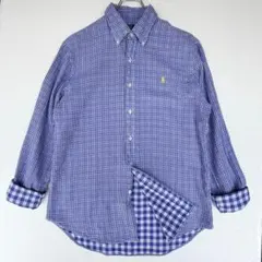 美品ラルフローレン長袖シャツギンガムチェックダブルフェイス刺繍ロゴ L相当 古着