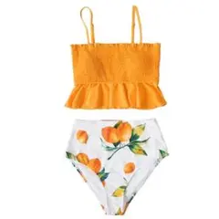 プリントビキニセット女性フリルハイウエストタンキニツーピース水着 XS