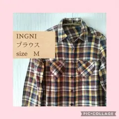 INGNI イング＊ブラウス 長袖 総柄 チェック イエロー ブラウン M