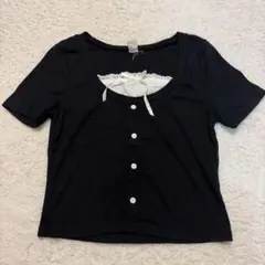 SHEIN 半袖Tシャツ ブラック レース リボン