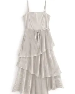 リボンベルト付きプリーツティアードサテンキャミワンピース[tu659]