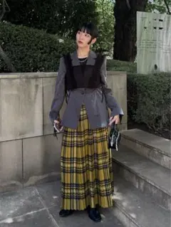 refinedworks ロングスカート プリーツ 起毛 チェックスカート