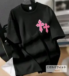 バックトゥースクール クロス柄 編み上げブラックTシャツ ピンクプリント