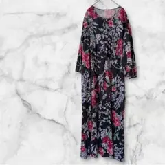 ヴィンテージ 花柄 ロングワンピース ノーカラー 長袖 ビッグサイズ 黒 記念日