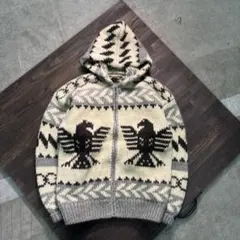 7W2 フード付き　カウチンニット　セーター　ジップアップ　ウール　古着used