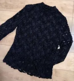 黒ラメ入りいレース編みハイネック長袖トップス