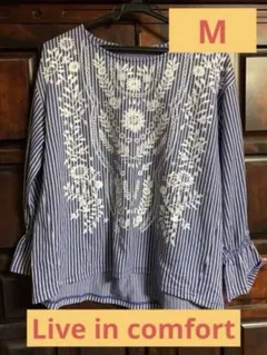 Live in comfort ストライプ 刺繍風 トップス ブラウス きれいめ