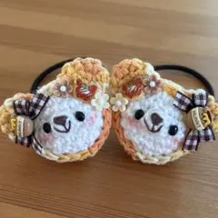 あみぐるみヘアゴム♡蜂蜜リボンのオレンジマーブルずきんくまちゃん♡