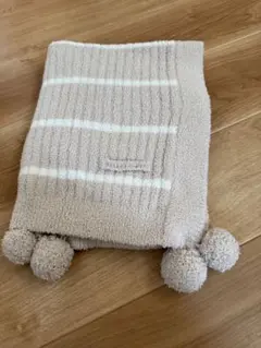 ベージュ ストライプ ポンポン付き ブランケット