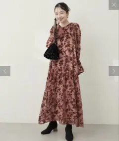 ボルドー 長袖ひざ丈ワンピース Fサイズ