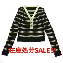 緑　ブラック 薄手　リブニット　Vネック　韓国　ボーダー　ハイウエスト