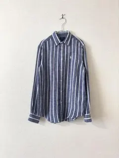 美品ポロラルフローレン リネンシャツ 現行タグ ポニー刺繍 太ストライプ