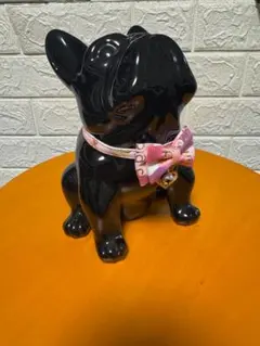 フレンチブルドッグ 陶器製 貯金箱 黒 置物 首輪おまけ付き