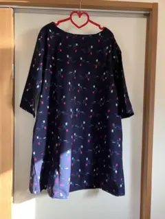 着物リメイク、ネイビー 幾何学模様 チュニック 五分袖