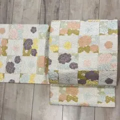 袋帯　西陣織　唐織　正絹　中古　市松　花　セミフォーマル　【mm144】