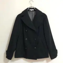 ★【良品】grove ピーコート　黒　ミドル丈　厚手　裏地ドット　b643