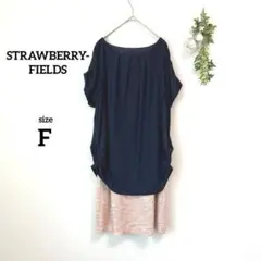 ストロベリーフィールズ 半袖ワンピース ドレープ ひざ丈 切り替え ネイビー