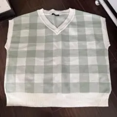 グリーンチェック ニットベスト Mサイズ