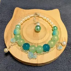 ハンドメイド ブレスレット 緑 青 パール