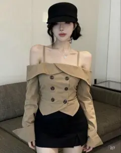 オフショルダー ダブルボタン ブラウス シャツ ブラウン 長袖
