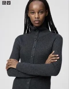 新品タグ付き　UNIQLO U メリノブレンドハイネックカーディガン S グレー