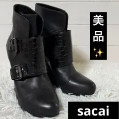 美品✨sacai サカイ　ショートブーツ　クロコ型押し　12.5cmヒール　黒のサムネイル