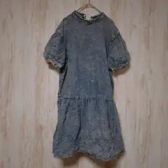 GeeGee【L】デニム 半袖ワンピース パフスリーブ 1点物 古着 カジュアル